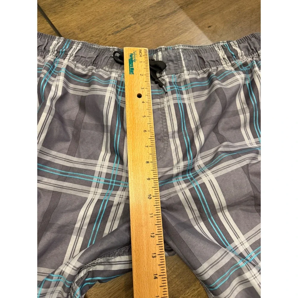 Kanu Surf Mens Grey Turquoise Plaid Cargo Board Shorts Swim Trunks Size L